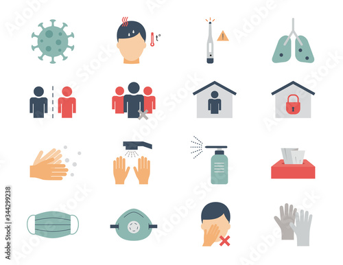 Coronavirus flat icon set. Covid-19 protection color icons. Coronavirus prevention. Health and medicine.