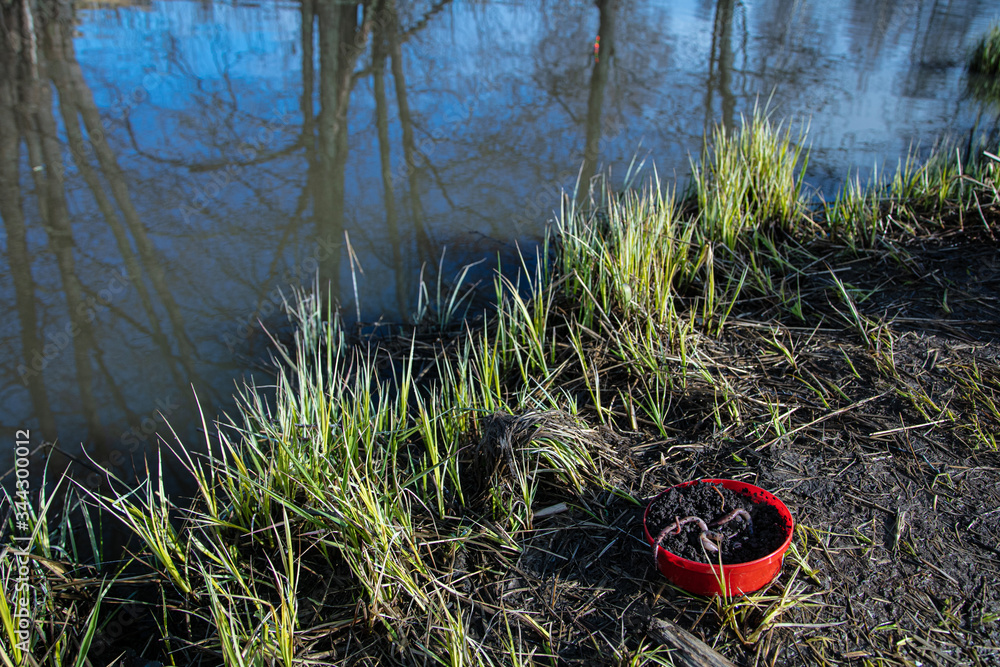 Red jar with beautiful fishing worms Red jar with beautiful fishing worms
