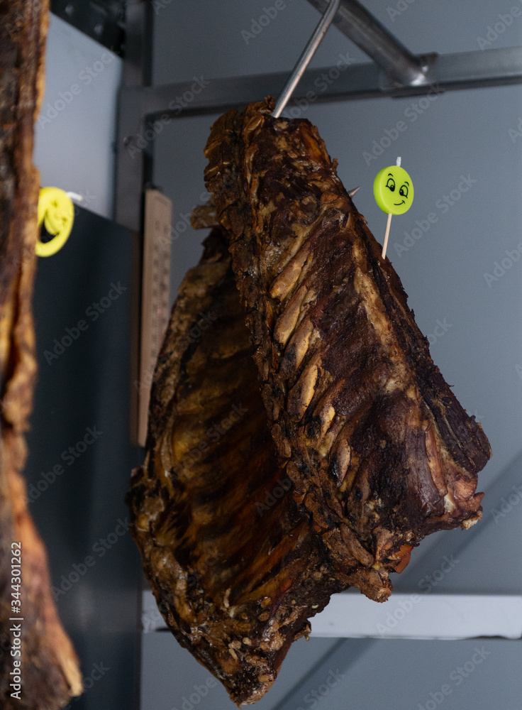 Prepare dried meats. Beef jerky. Jerky. Meat shop. Marbled beef dry