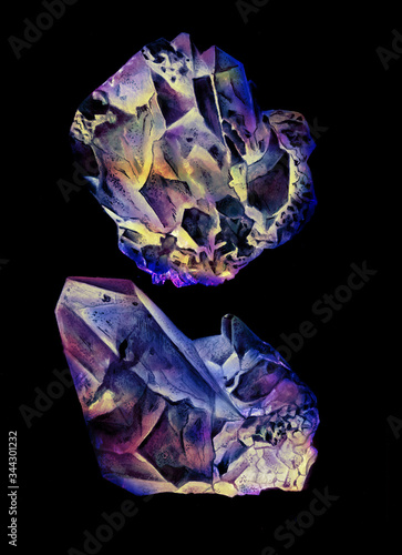 Watercolor magic stones, rock, minerals, crystals, gemstones marble set isolated on black background Vivid set. Bright design elements. Natural realistic texture Hand drown