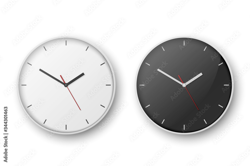 Vector 3d Realistic Simple White Round Wall Office Clock Set. White and Black Dial. Closeup Isolated on White Background. Design Template, Mock-up for Branding, Advertise. Front or Top View Vector 3d Realistic Simple White Round Wall Office Clock Set. White and Black Dial. Closeup Isolated on White Background. Design Template, Mock-up for Branding, Advertise. Front or Top View