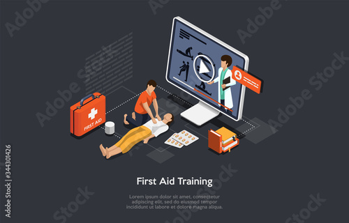 Isometric Concept Of First Aid Training Procedures Online Course With Teacher. Student Learn How to Perform Emergency First Aid CPR In Case Of Injury Or Health Problems. Cartoon Vector Illustration