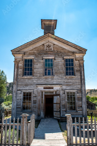 Old abandoned wooden hotel in Montana ghost town of Bannack.