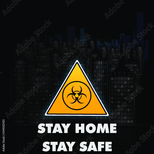 Stay at home text on house. Stay home during the coronavirus epidemic. Megapolis. Virus prevention concept. Stock vector illustration on dark background.