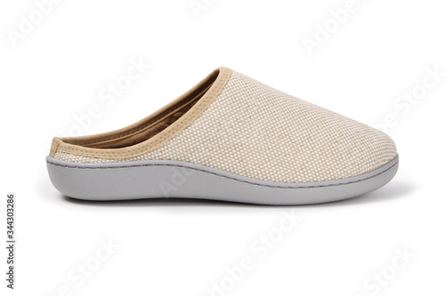Pair of blank soft gray home slippers, design mockup. Hotel bath slippers top view isolated on white background. Clear warm domestic sandal or sneakers. Bed shoes accessory footwear. Sandals flip flop