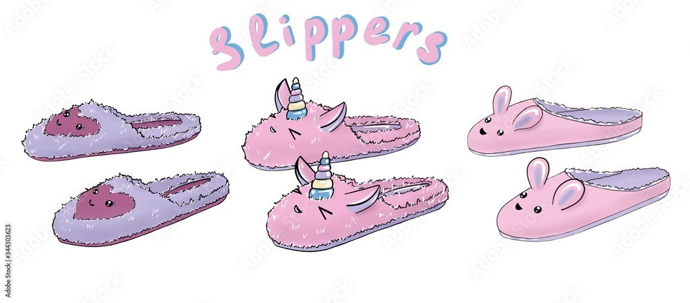 Collection of Slippers in the style of kawaii. Cute characters. Cartoon illustration. Isolated on a white background