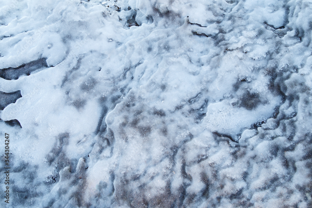 Close-up of abstract ice formations in the winter, viewed from above. Full frame background. Copy space.