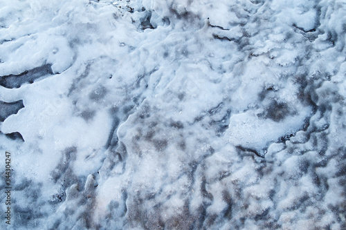 Close-up of abstract ice formations in the winter  viewed from above. Full frame background. Copy space.