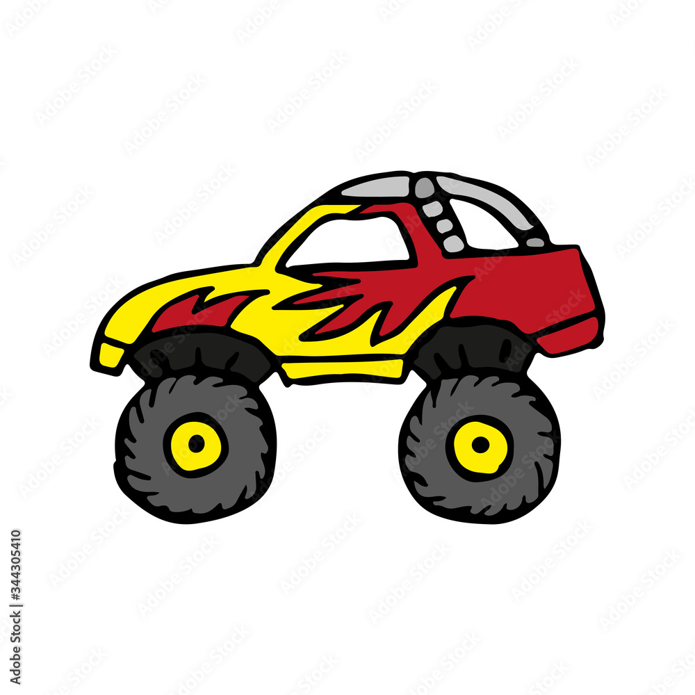 Cartoon monster truck icon. Side view. Hand drawn vector graphic illustration. Isolated object on a white background. Isolate. Cartoon monster truck icon. Side view. Hand drawn vector graphic illustration. Isolated object on a white background. Isolate.