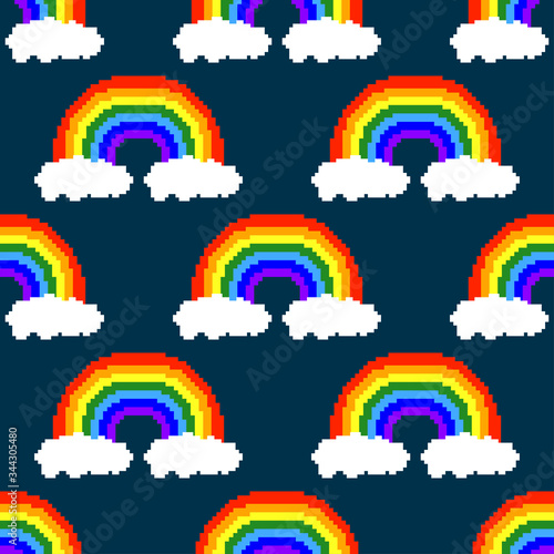 Pixel rainbows and clouds isolated on dark blue background. Childish beautiful seamless pattern. Vector graphic illustration. Texture.