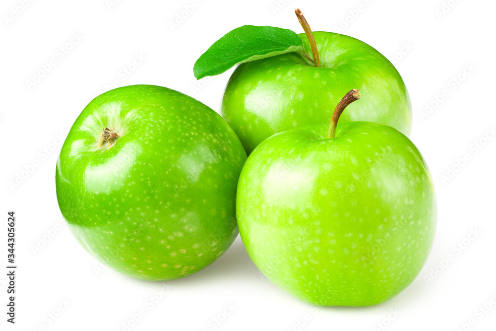 green apples with green leaves isolated on white background green apples with green leaves isolated on white background
