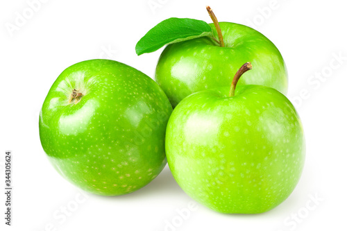 green apples with green leaves isolated on white background