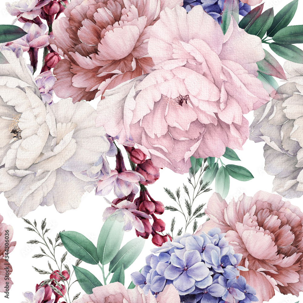 Seamless floral pattern with peonies on light background, watercolor. Template design for textiles, interior, clothes, wallpaper. Botanical art - obrazy, fototapety, plakaty 