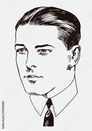 Portrait of a young man from the early 20th century in three-quarter front view, wearing a collar and a tie