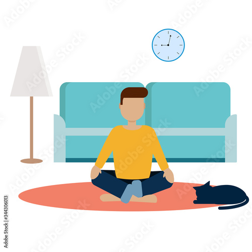 yoga from home, vector illustration isolated on white background. A man sits in a lotus position in a meditative state. Flat style. Man, cat, sofa.