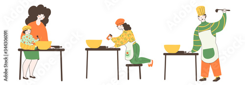 Family cook together, Flat cartoon vector illustration. Family house vector illustration.