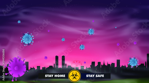 Stay at home text on house. Stay home during the coronavirus epidemic. Megapolis. Horizontal.Virus prevention concept. Stock vector illustration on dark background.