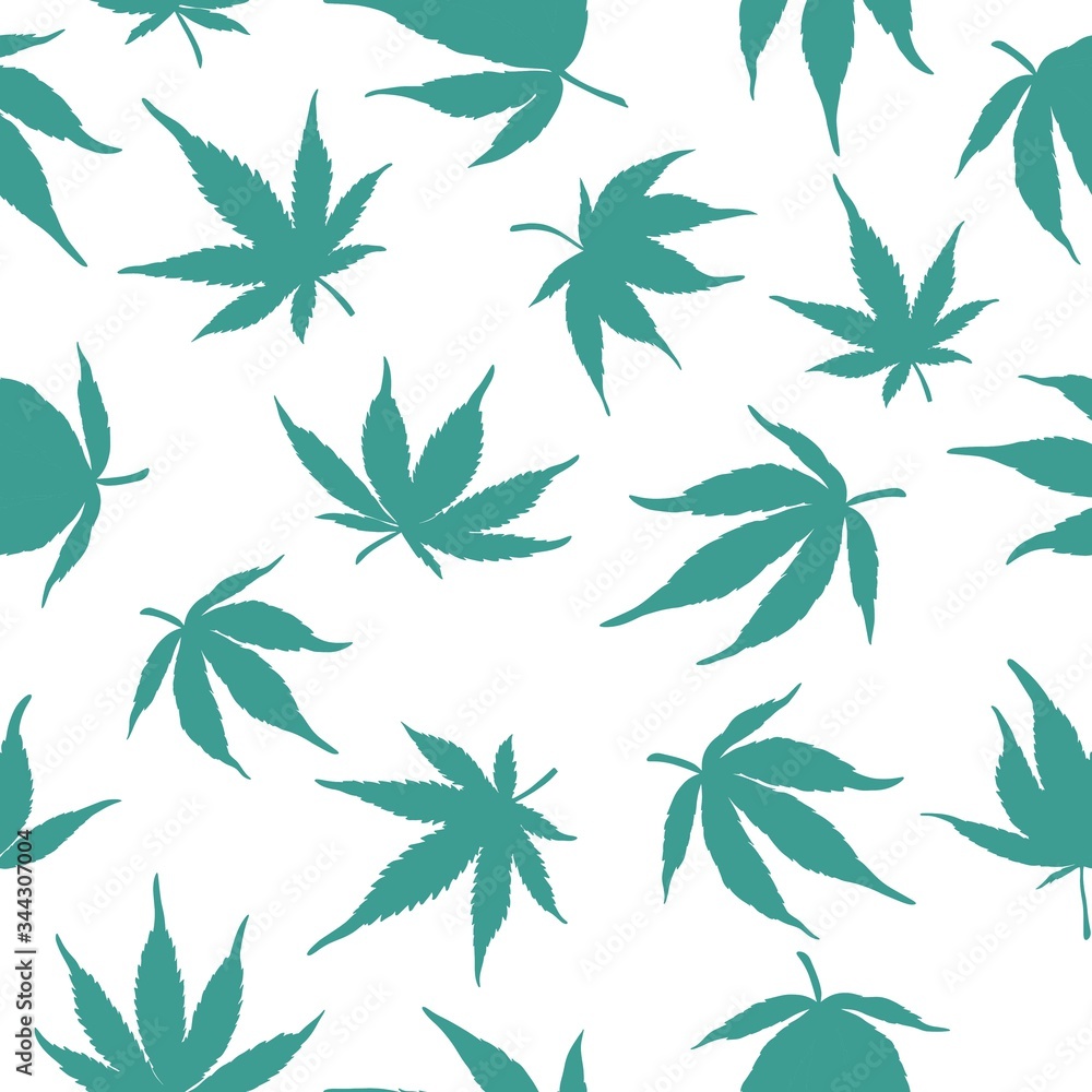 Fototapeta premium Seamless pattern of blue cannabis leaves on a white background. Blue hemp leaves on a white background. vector illustration