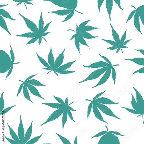 Seamless pattern of blue cannabis leaves on a white background. Blue hemp leaves on a white background. vector illustration