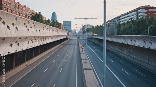 4K Empty highway in Barcelona, Spain, during coronavirus pandemic and state of alarm in April 2020 photo