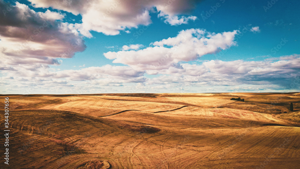 Fototapeta premium Clouds over Grass Desert Western Washington State (Aerial Drone Photo)