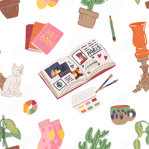 Cozy weekend seamless pattern with luxurious vintage table lamp from bronze and glass, elegant porcelain statuette of a French bulldog,ceramic hand made mug with herbal tea, art and travel books.