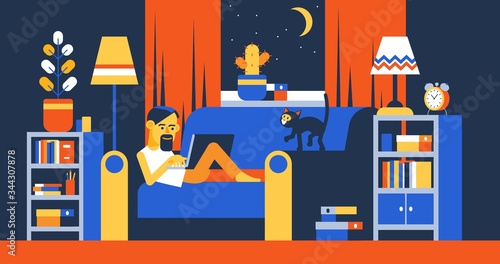Man with laptop on sofa working remotely at night. Bearded freelancer work home in room interior. Furniture accessories. Vector illustration.