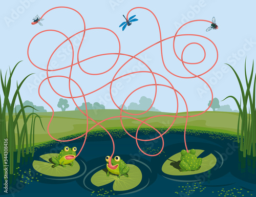 Three frogs caught a mosquito, a fly and a dragonfly. Guess which of them managed to catch which insect. Children's game picture riddle with a maze