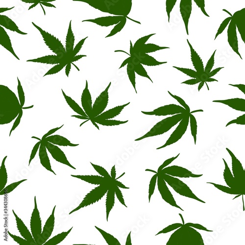 Seamless pattern of green cannabis leaves on a white background. Green hemp leaves. Vector illustration.Seamless pattern of marijuana