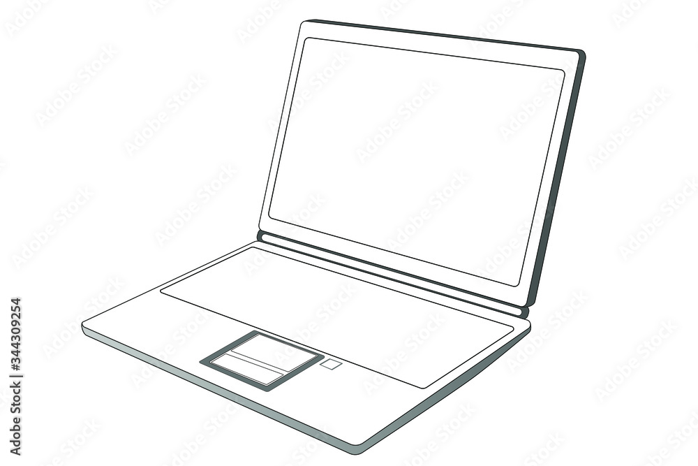 Ein Laptop mit offenem Display mit Outlines auf weiß illustriert. Ein Laptop mit offenem Display mit Outlines auf weiß illustriert.