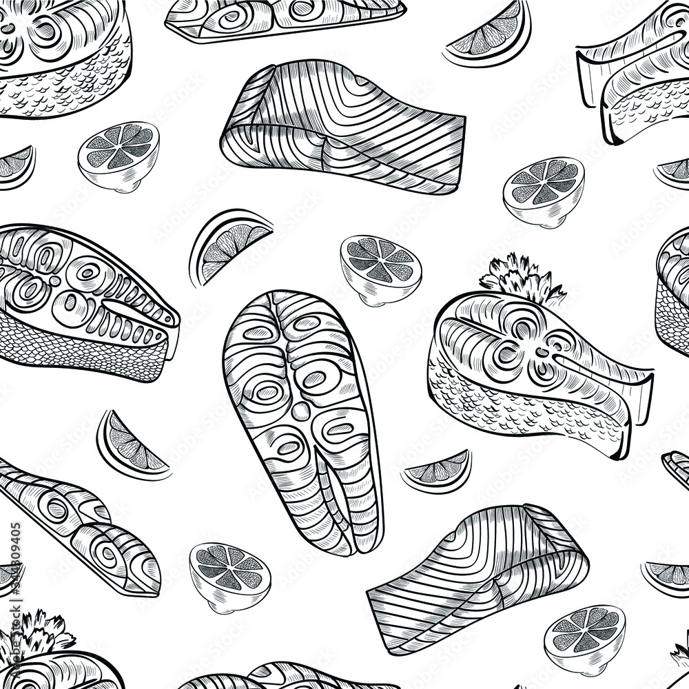 Fish, limon food vector seamless pattern on white background. Concept for wallpaper, wrapping paper, menu Fish, limon food vector seamless pattern on white background. Concept for wallpaper, wrapping paper, menu