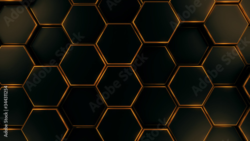 Black and gold hexagon template background, 3d render illustration 