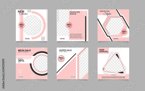 Set of editable fashion sale social media post design template. Layout with frame square banner for add content photo promotion marketing, stories, and branding. Vector pink color for woman product