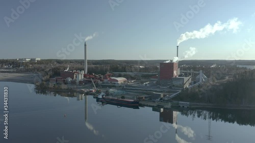 Aerial view of power plant industrial building with smoke coming out of shimney photo