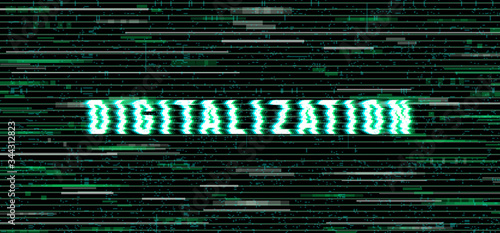 The word Digitalization in a distorted glitch style. Vector illustration.