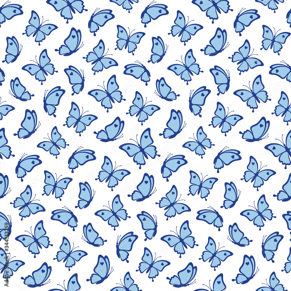 Seamless pattern of nice blue butterflies with hearts on a white background. Butterflies silhouettes are great for creating gift paper, wedding greeting cards and textile 