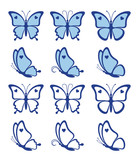 Collection of blue butterflies with hearts isolated on a white background. Silhouette of a butterfly is perfect for wedding invitations, logo and icons