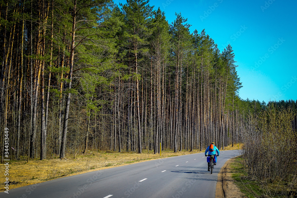 cyclist riding on the road to the forest cyclist riding on the road to the forest