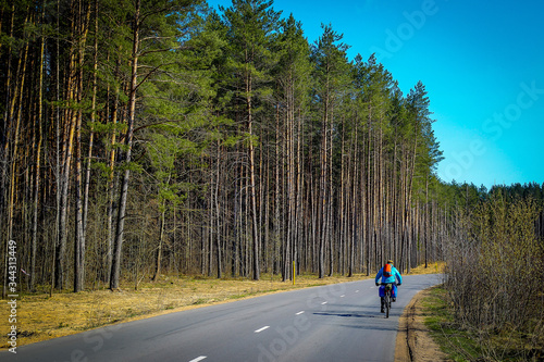 cyclist riding on the road to the forest
