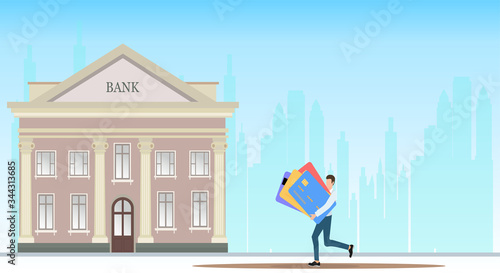 Vector of a businessman carrying multiple credit cards returning them to bank