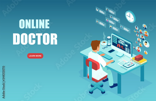Vector of medical professional, a doctor making diagnosis, giving consideration to patients via modern technology, internet website