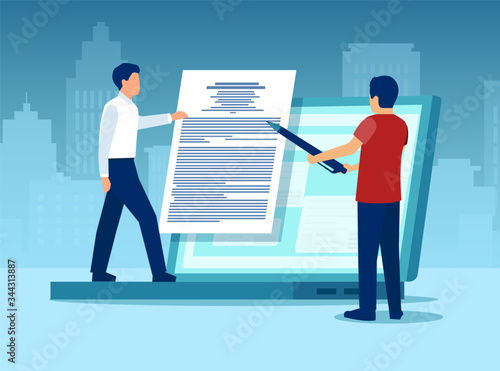 Vector of a man signing a document online