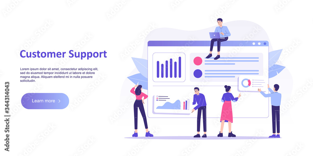 Customer support concept. Customer support team working together and providing 24 hour online customer service. Online help. Modern landing page template. Vector illustration