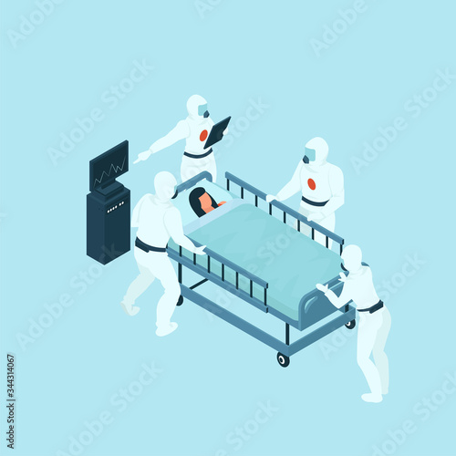 Vector of a medical team in protective gear taking care of a sick patient in ICU