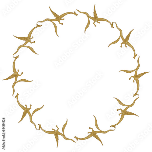 Isolated vector illustration. Round vintage frame with fantastic medieval dragons. Gothic illuminated manuscript character. 