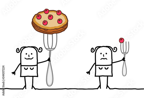 Cartoon woman with a big pie on a fork, next to another one with just a small cherry