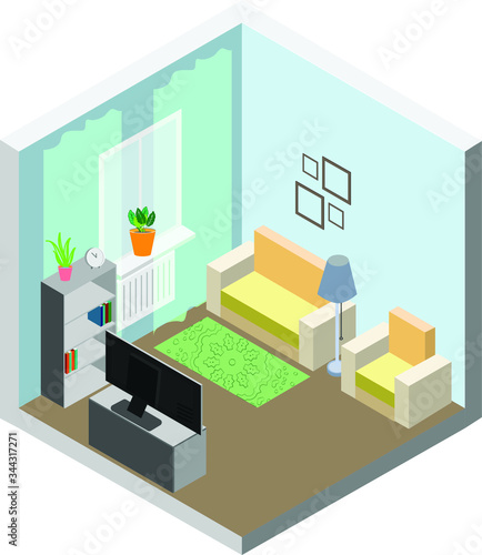 Living room isometry. Sofa, chair, TV, books, shelves, flowers. Vector in flat stile. © elenakhripushina