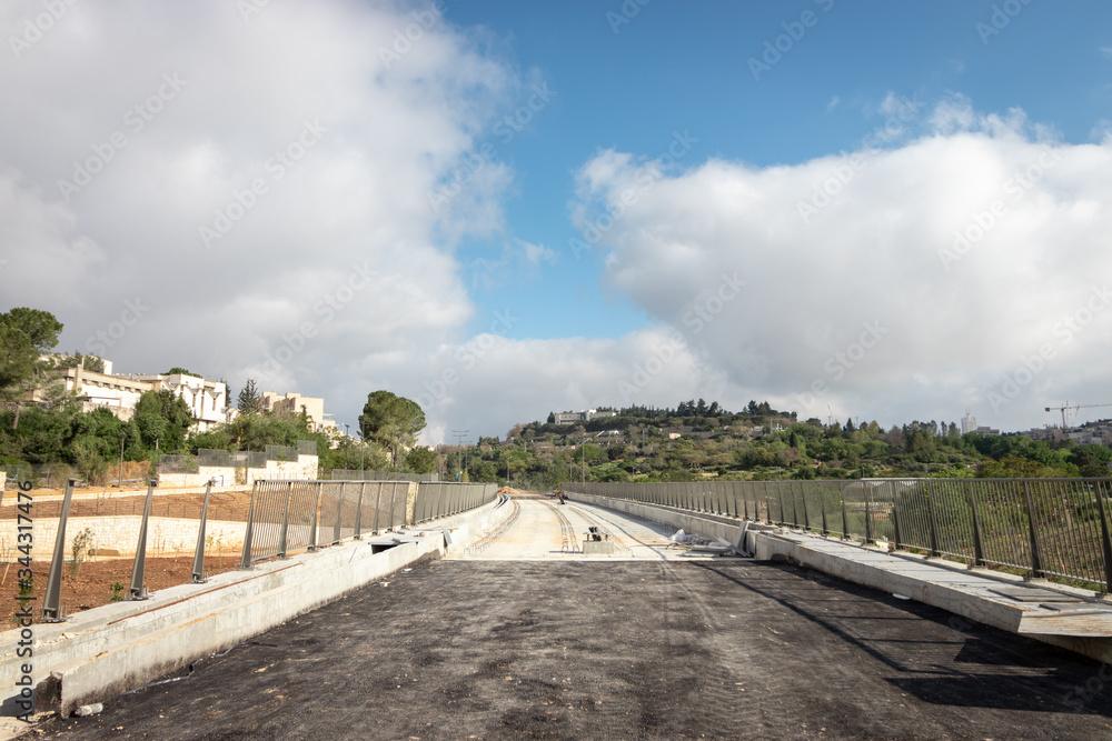 Construction of the light rail tracks in Jerusalem, near the Givat Mordechai neighborhood