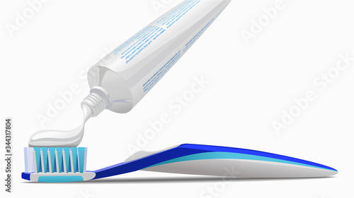 Realistic vector illustration of toothbrush and toothpaste Isolated on white background. Squeezing toothpaste onto toothbrush.