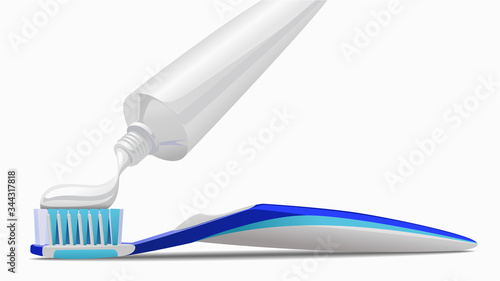 Realistic vector illustration of toothbrush and toothpaste Isolated on white background. Squeezing toothpaste onto toothbrush.